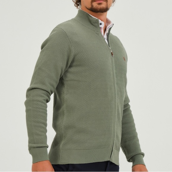 GIORGIO DI MARE BIRDSEYE KNIT FULL ZIP SWEATER // SAGE GREEN. Size S - Picture 3 of 10